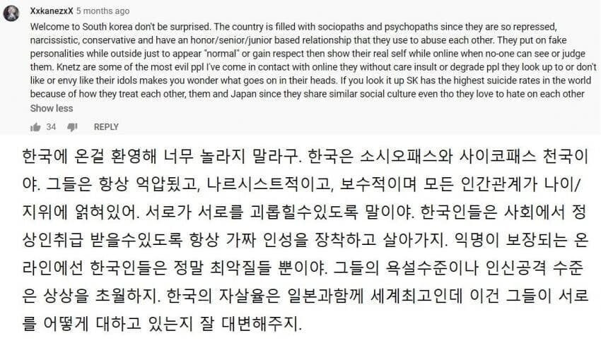 유튜브 댓글로 한국인에 대해 설명하는 사람