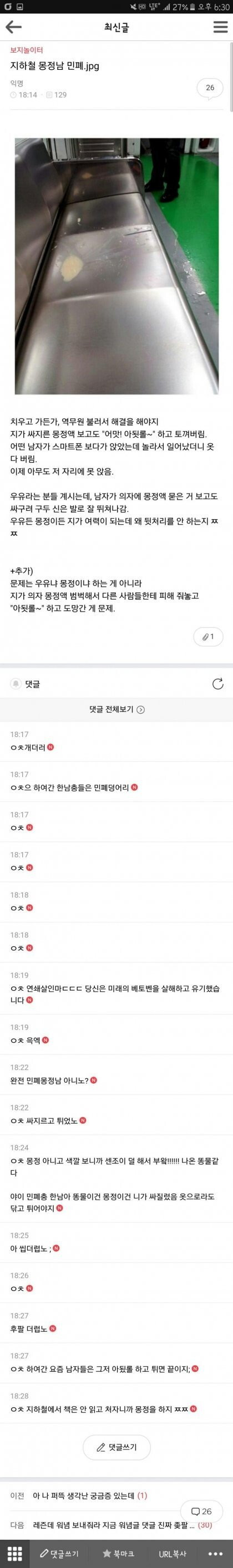 지하철 몽정남 개민폐 ㄷㄷㄷ