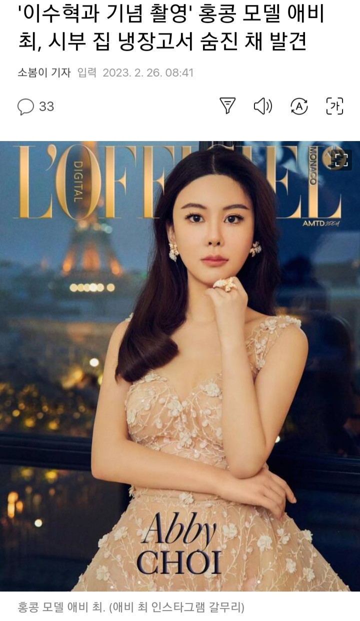 홍콩 모델 애비 최, 시부 집 냉장고서 숨진 채 발견